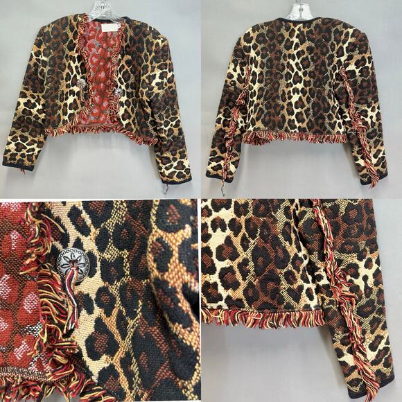 Vintage Cache Leopard Print Woven Fringe Bolero Blanket Jacket Size Small Cotton - Picture 15 of 16